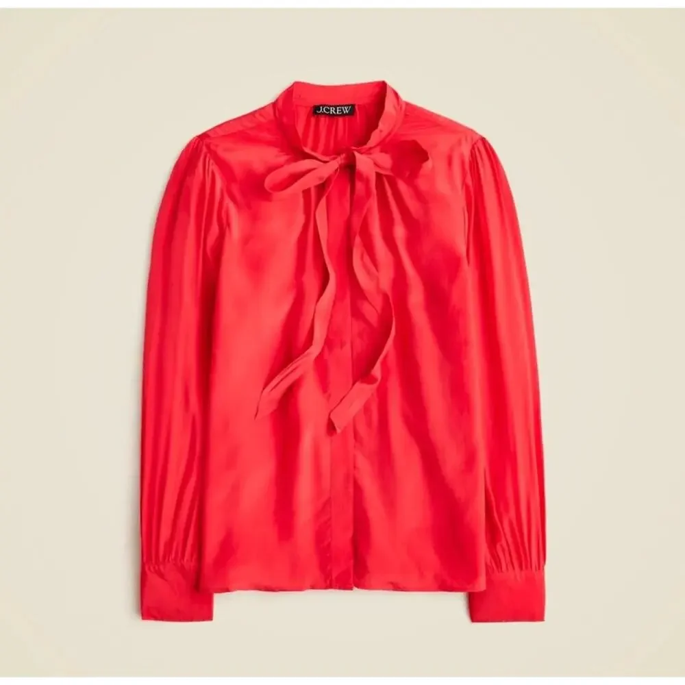 J.Crew Tie-Neck Top in Crepe de Chine Bow Button Up Shirt in Red Size 8 NWT $118